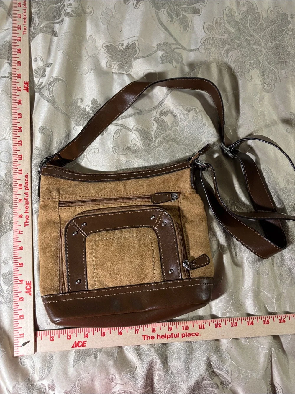 St. John's Bay Brown Canvas and Dark Brown Faux Leather Messenger Bag
